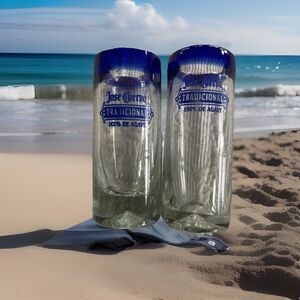 2 - Jose Cuervo Shot Glasses Cobalt Blue Rim Clear Blown Glass Mexico Label